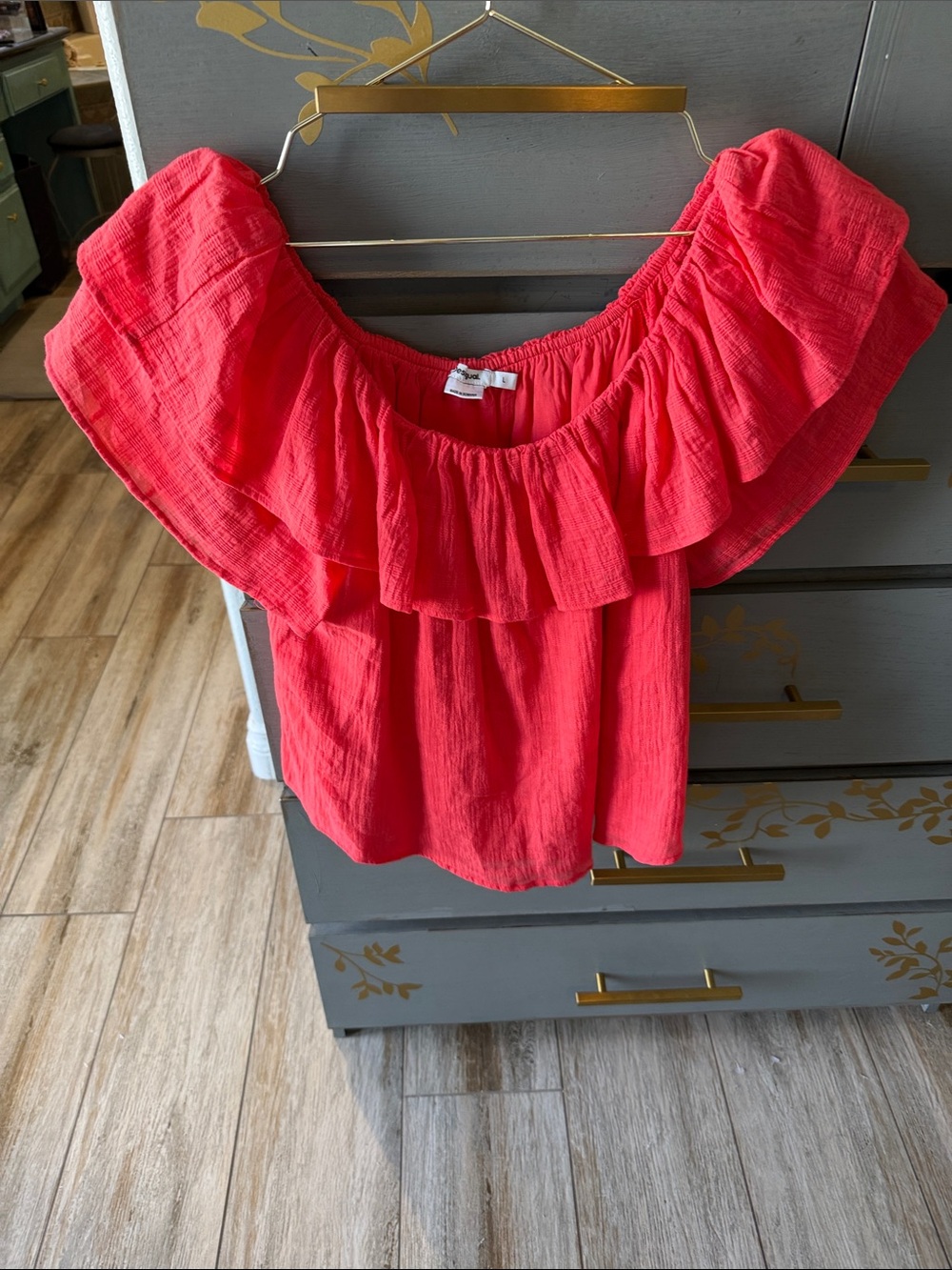 Desigual Coral Red Off-Shoulder Ruffle Crop Top